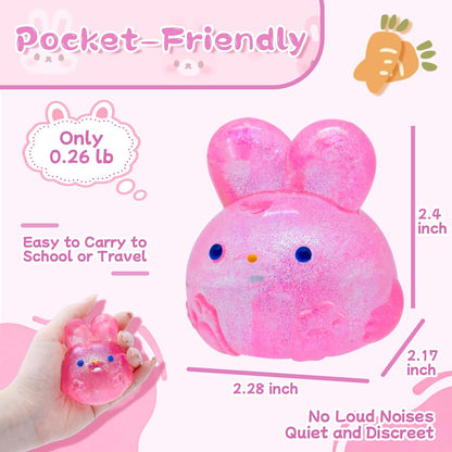 Stress Relief Pink Glitter Bunny Squishy Toy - Squish Sensory Fidget Toy, Anxiety Calming Squeeze Ball for Kids Adults ADHD Autism