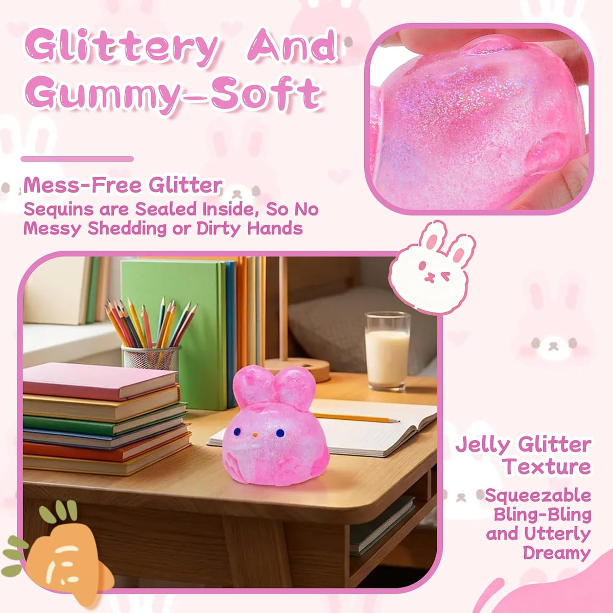 Stress Relief Pink Glitter Bunny Squishy Toy - Squish Sensory Fidget Toy, Anxiety Calming Squeeze Ball for Kids Adults ADHD Autism