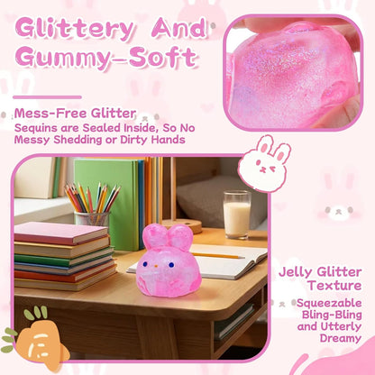 Stress Relief Pink Glitter Bunny Squishy Toy - Squish Sensory Fidget Toy, Anxiety Calming Squeeze Ball for Kids Adults ADHD Autism