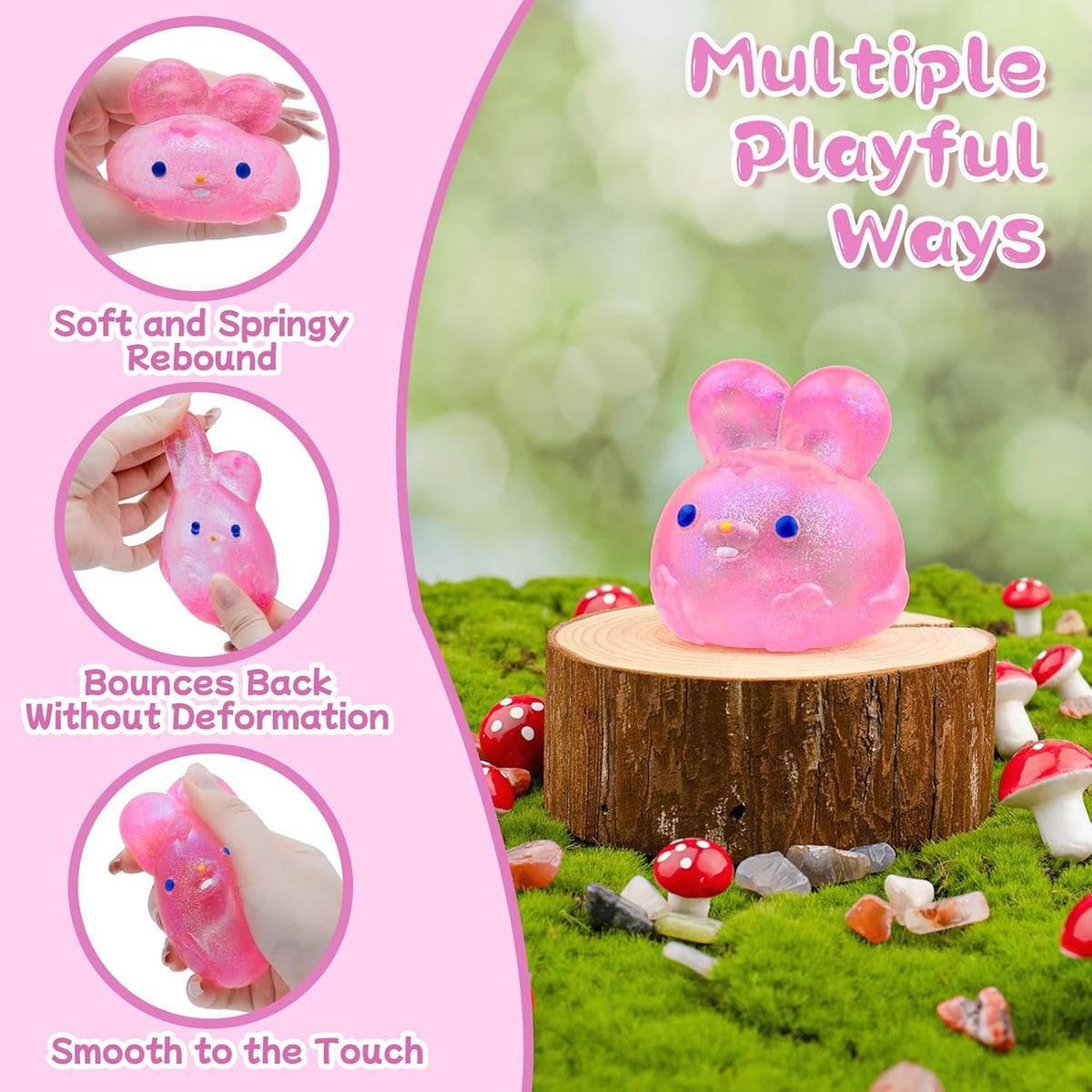 Stress Relief Pink Glitter Bunny Squishy Toy - Squish Sensory Fidget Toy, Anxiety Calming Squeeze Ball for Kids Adults ADHD Autism