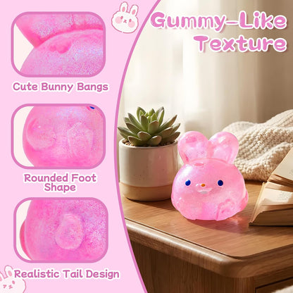 Stress Relief Pink Glitter Bunny Squishy Toy - Squish Sensory Fidget Toy, Anxiety Calming Squeeze Ball for Kids Adults ADHD Autism