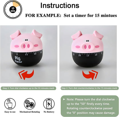 Piggy Kitchen Timer - Cute Manual Egg Timer & Baking, Kitchen timers for Cooking, Perfect for Home Chefs, Bakers & Parents (Pink)