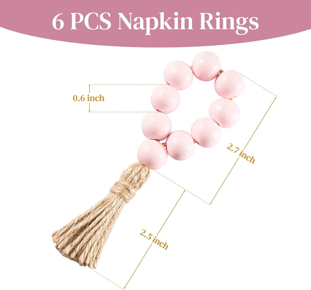 6-Pack Jute Napkin Rings with Gold Wooden Beads and Tassels – Rustic Farmhouse Table Decor, Elastic Handmade Napkin Holders for Dinner Parties, Weddings, Everyday Use (Pink, Medium)