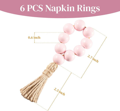 6-Pack Jute Napkin Rings with Gold Wooden Beads and Tassels – Rustic Farmhouse Table Decor, Elastic Handmade Napkin Holders for Dinner Parties, Weddings, Everyday Use (Pink, Medium)