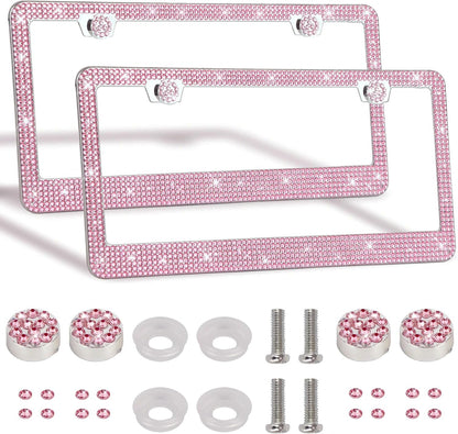 2 Pack Bling License Plate Frames Premium Sparkly License Plate Frame for Women Durable Pink Bling Car Accessories