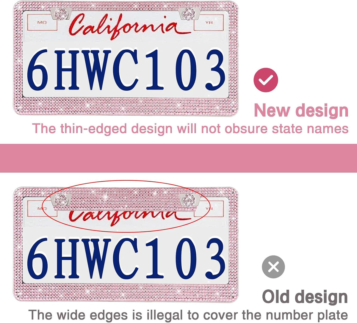2 Pack Bling License Plate Frames Premium Sparkly License Plate Frame for Women Durable Pink Bling Car Accessories