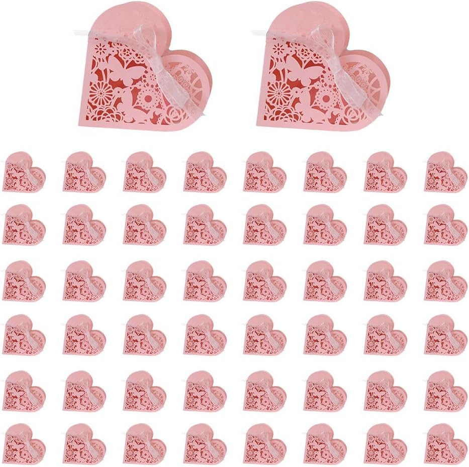 Katutude 50 Pcs Love Heart Candy Boxes Hollow Flower Wedding Favor Boxes Paper Gift Boxes Empty Chocolate Candy Gift Boxes Ribbons Pack for Bridal Shower Wedding Birthday Decorations
