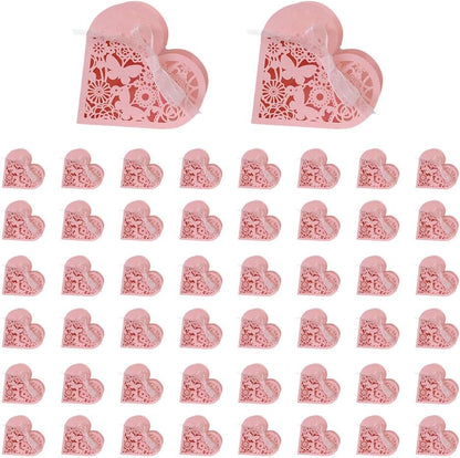 Katutude 50 Pcs Love Heart Candy Boxes Hollow Flower Wedding Favor Boxes Paper Gift Boxes Empty Chocolate Candy Gift Boxes Ribbons Pack for Bridal Shower Wedding Birthday Decorations
