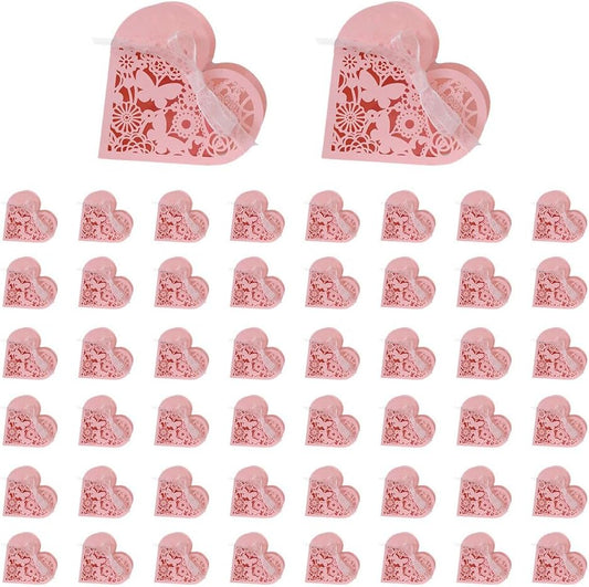 Katutude 50 Pcs Love Heart Candy Boxes Hollow Flower Wedding Favor Boxes Paper Gift Boxes Empty Chocolate Candy Gift Boxes Ribbons Pack for Bridal Shower Wedding Birthday Decorations