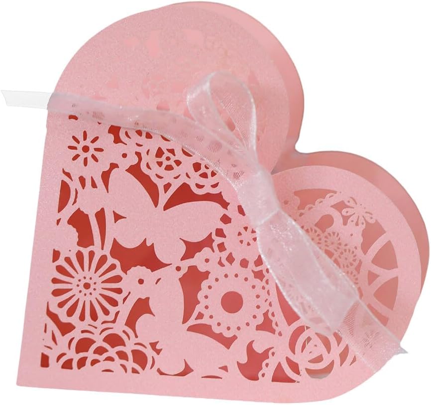 Katutude 50 Pcs Love Heart Candy Boxes Hollow Flower Wedding Favor Boxes Paper Gift Boxes Empty Chocolate Candy Gift Boxes Ribbons Pack for Bridal Shower Wedding Birthday Decorations