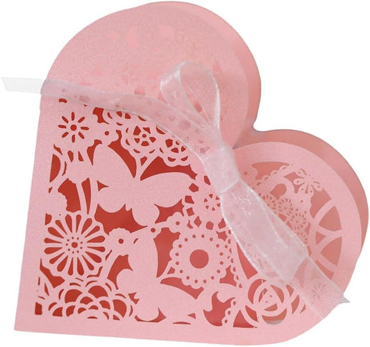 Katutude 50 Pcs Love Heart Candy Boxes Hollow Flower Wedding Favor Boxes Paper Gift Boxes Empty Chocolate Candy Gift Boxes Ribbons Pack for Bridal Shower Wedding Birthday Decorations