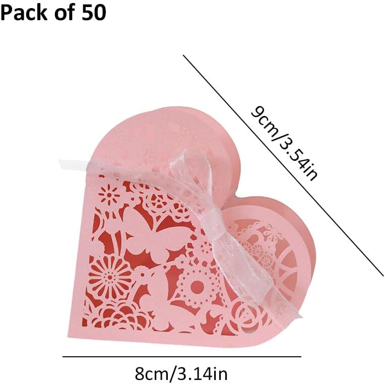 Katutude 50 Pcs Love Heart Candy Boxes Hollow Flower Wedding Favor Boxes Paper Gift Boxes Empty Chocolate Candy Gift Boxes Ribbons Pack for Bridal Shower Wedding Birthday Decorations