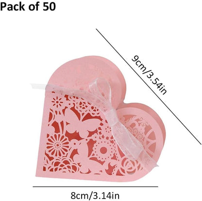 Katutude 50 Pcs Love Heart Candy Boxes Hollow Flower Wedding Favor Boxes Paper Gift Boxes Empty Chocolate Candy Gift Boxes Ribbons Pack for Bridal Shower Wedding Birthday Decorations