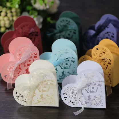 Katutude 50 Pcs Love Heart Candy Boxes Hollow Flower Wedding Favor Boxes Paper Gift Boxes Empty Chocolate Candy Gift Boxes Ribbons Pack for Bridal Shower Wedding Birthday Decorations