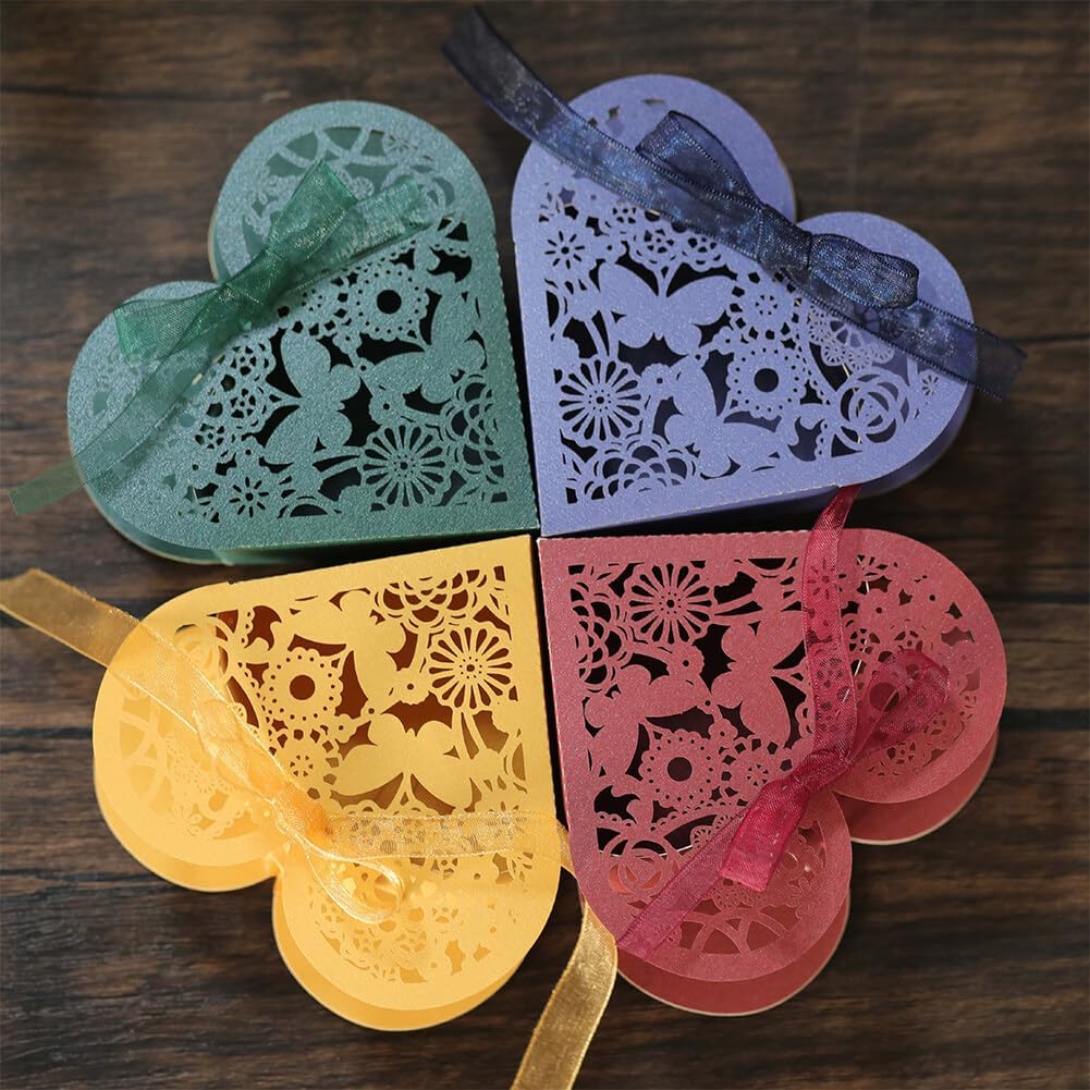 Katutude 50 Pcs Love Heart Candy Boxes Hollow Flower Wedding Favor Boxes Paper Gift Boxes Empty Chocolate Candy Gift Boxes Ribbons Pack for Bridal Shower Wedding Birthday Decorations