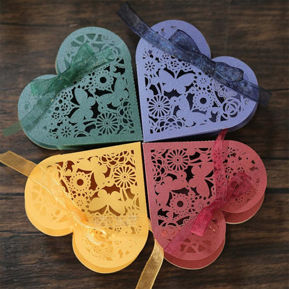 Katutude 50 Pcs Love Heart Candy Boxes Hollow Flower Wedding Favor Boxes Paper Gift Boxes Empty Chocolate Candy Gift Boxes Ribbons Pack for Bridal Shower Wedding Birthday Decorations