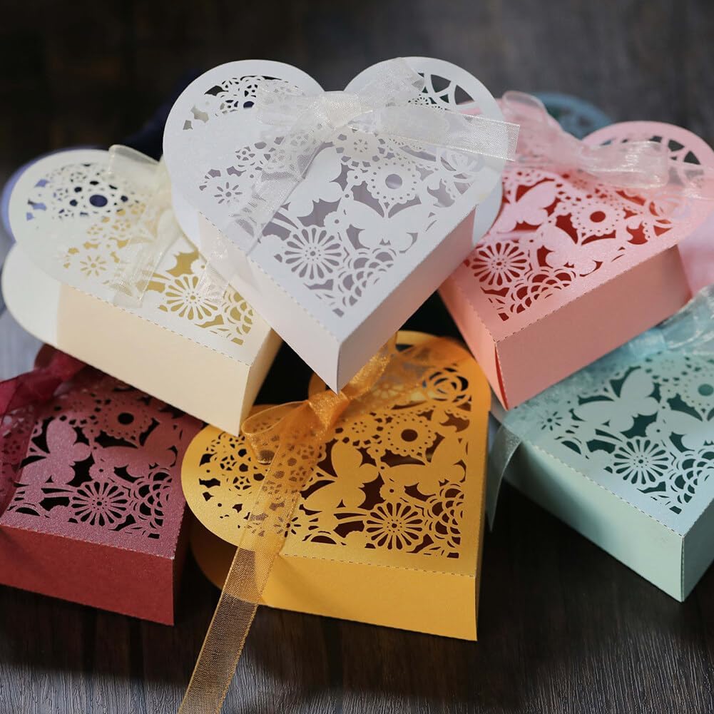 Katutude 50 Pcs Love Heart Candy Boxes Hollow Flower Wedding Favor Boxes Paper Gift Boxes Empty Chocolate Candy Gift Boxes Ribbons Pack for Bridal Shower Wedding Birthday Decorations