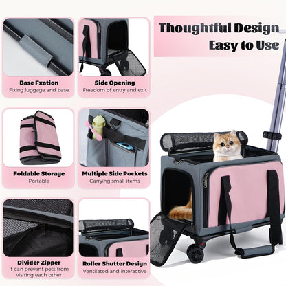 3-Sided Expandable Rolling Pet Carrier with Wheels, Small Cat Dog Travel Carrier, Foldable Portable Bag Grey Pink for Travel Camping Vet Outdoor Indoor Use