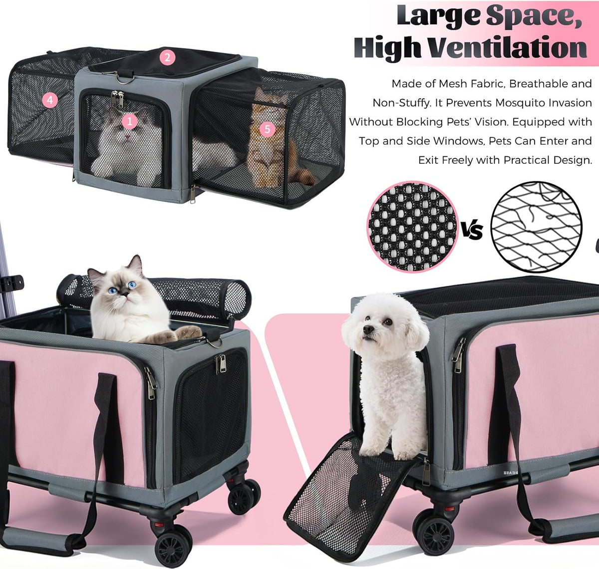 3-Sided Expandable Rolling Pet Carrier with Wheels, Small Cat Dog Travel Carrier, Foldable Portable Bag Grey Pink for Travel Camping Vet Outdoor Indoor Use