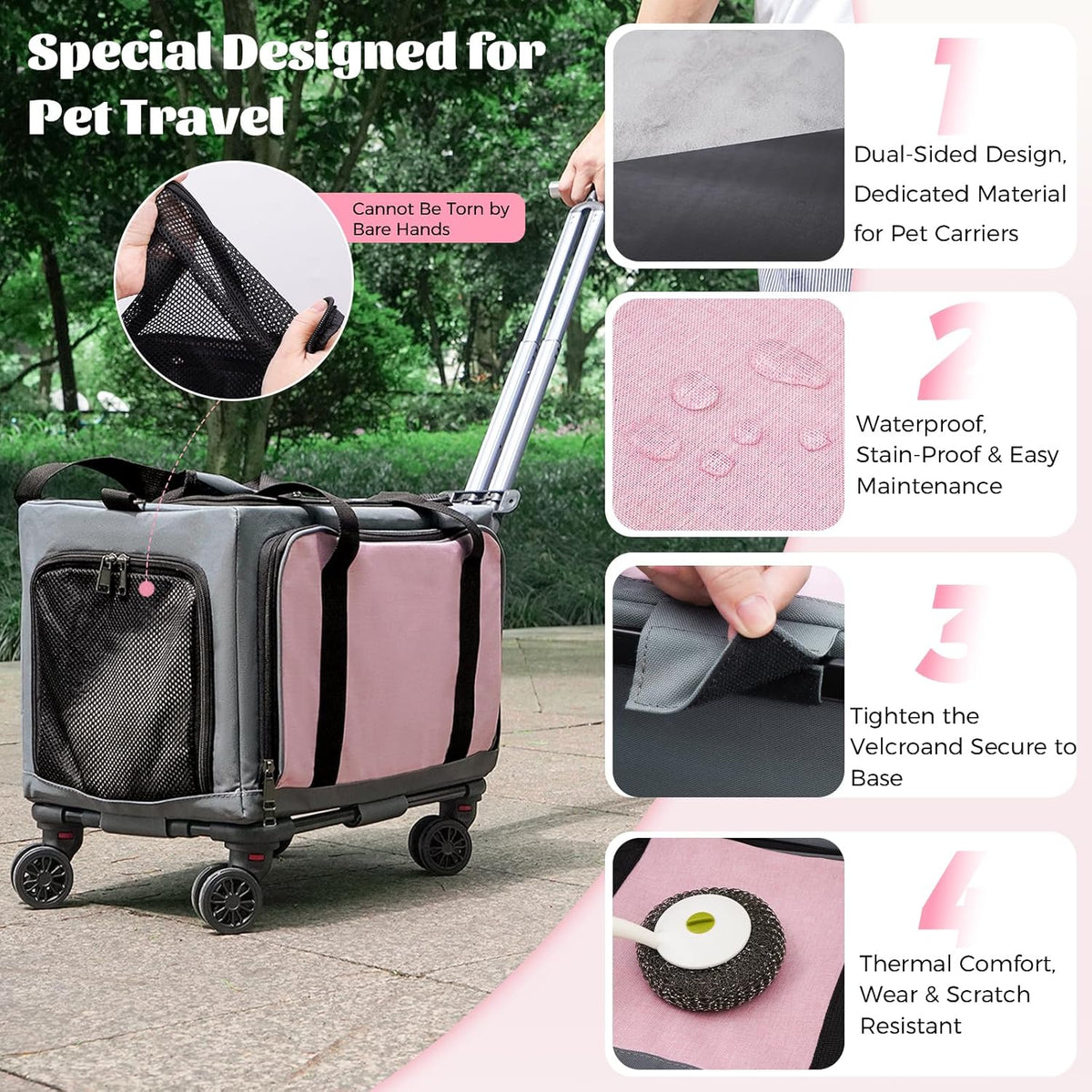 3-Sided Expandable Rolling Pet Carrier with Wheels, Small Cat Dog Travel Carrier, Foldable Portable Bag Grey Pink for Travel Camping Vet Outdoor Indoor Use
