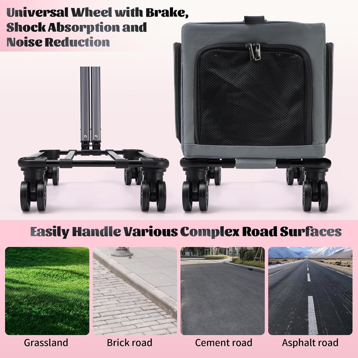 3-Sided Expandable Rolling Pet Carrier with Wheels, Small Cat Dog Travel Carrier, Foldable Portable Bag Grey Pink for Travel Camping Vet Outdoor Indoor Use