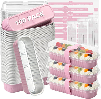 100 Pack Mini Loaf Pans with Lids and Spoons,6.8oz Pink Small Loaf Pans