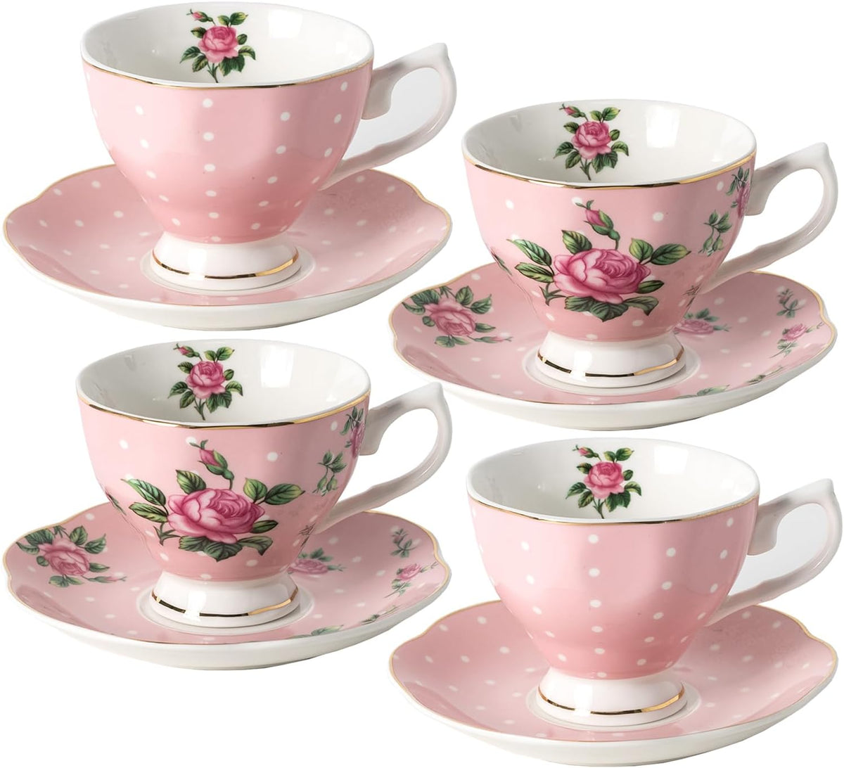 BTaT- Floral Tea Cups and Saucers, Set of 4, 8 oz, Fine Porcelain Teacup Set with Gold Trim for Afternoon Tea, Weddings, Parties & Gifting, Dishwasher Safe, Lightweight, Non-Toxic