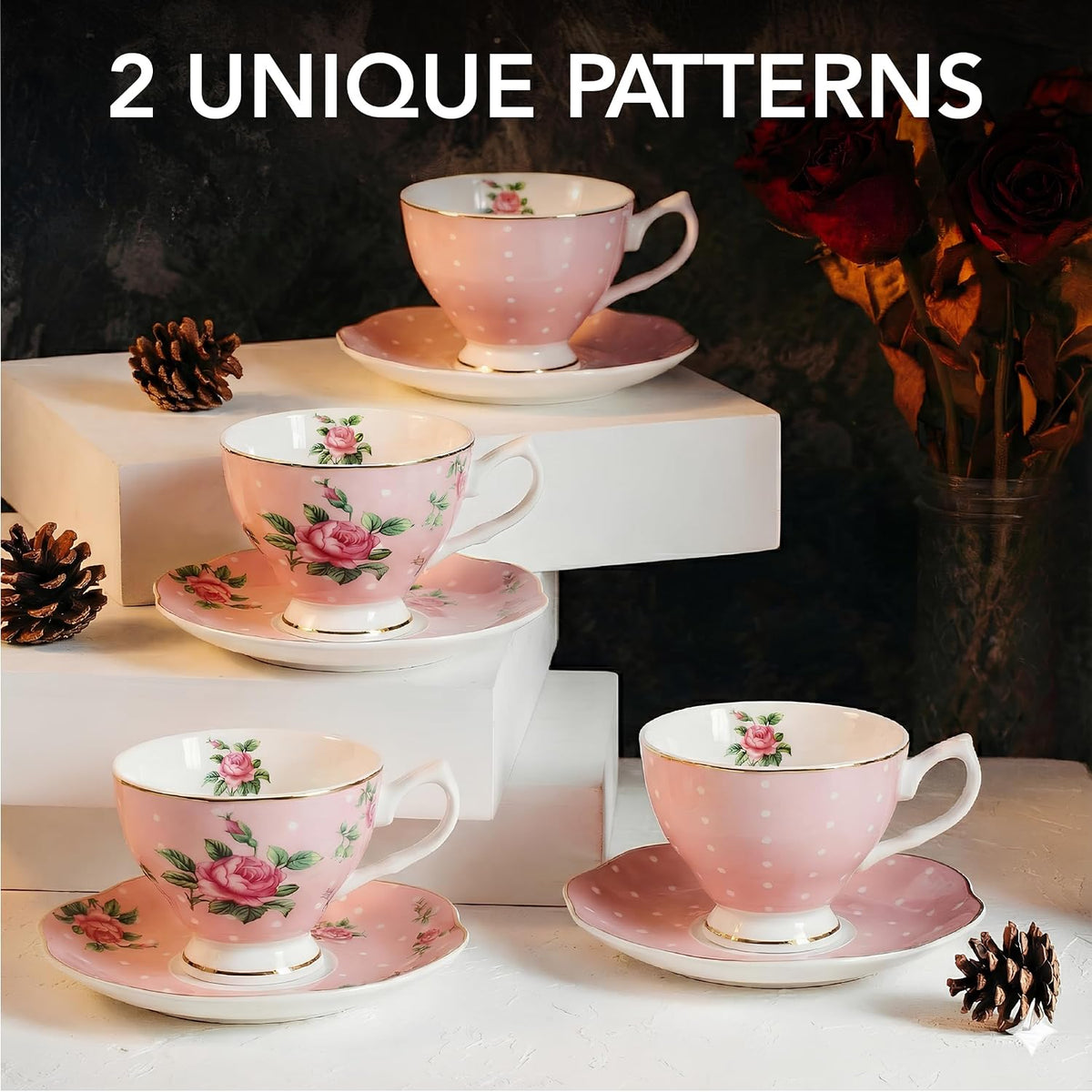 BTaT- Floral Tea Cups and Saucers, Set of 4, 8 oz, Fine Porcelain Teacup Set with Gold Trim for Afternoon Tea, Weddings, Parties & Gifting, Dishwasher Safe, Lightweight, Non-Toxic