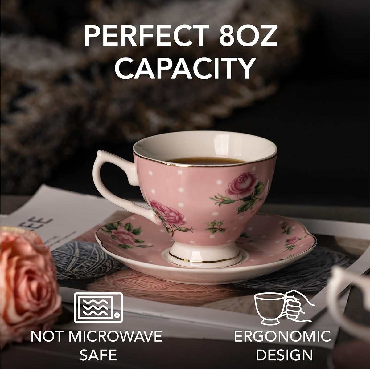 BTaT- Floral Tea Cups and Saucers, Set of 4, 8 oz, Fine Porcelain Teacup Set with Gold Trim for Afternoon Tea, Weddings, Parties & Gifting, Dishwasher Safe, Lightweight, Non-Toxic