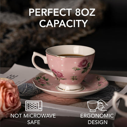 BTaT- Floral Tea Cups and Saucers, Set of 4, 8 oz, Fine Porcelain Teacup Set with Gold Trim for Afternoon Tea, Weddings, Parties & Gifting, Dishwasher Safe, Lightweight, Non-Toxic
