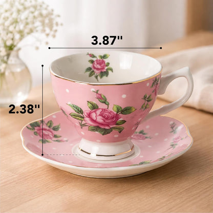 BTaT- Floral Tea Cups and Saucers, Set of 4, 8 oz, Fine Porcelain Teacup Set with Gold Trim for Afternoon Tea, Weddings, Parties & Gifting, Dishwasher Safe, Lightweight, Non-Toxic
