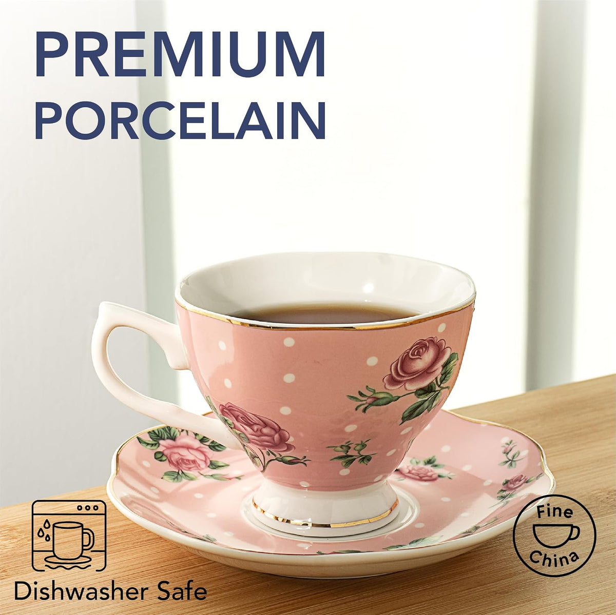 BTaT- Floral Tea Cups and Saucers, Set of 4, 8 oz, Fine Porcelain Teacup Set with Gold Trim for Afternoon Tea, Weddings, Parties & Gifting, Dishwasher Safe, Lightweight, Non-Toxic