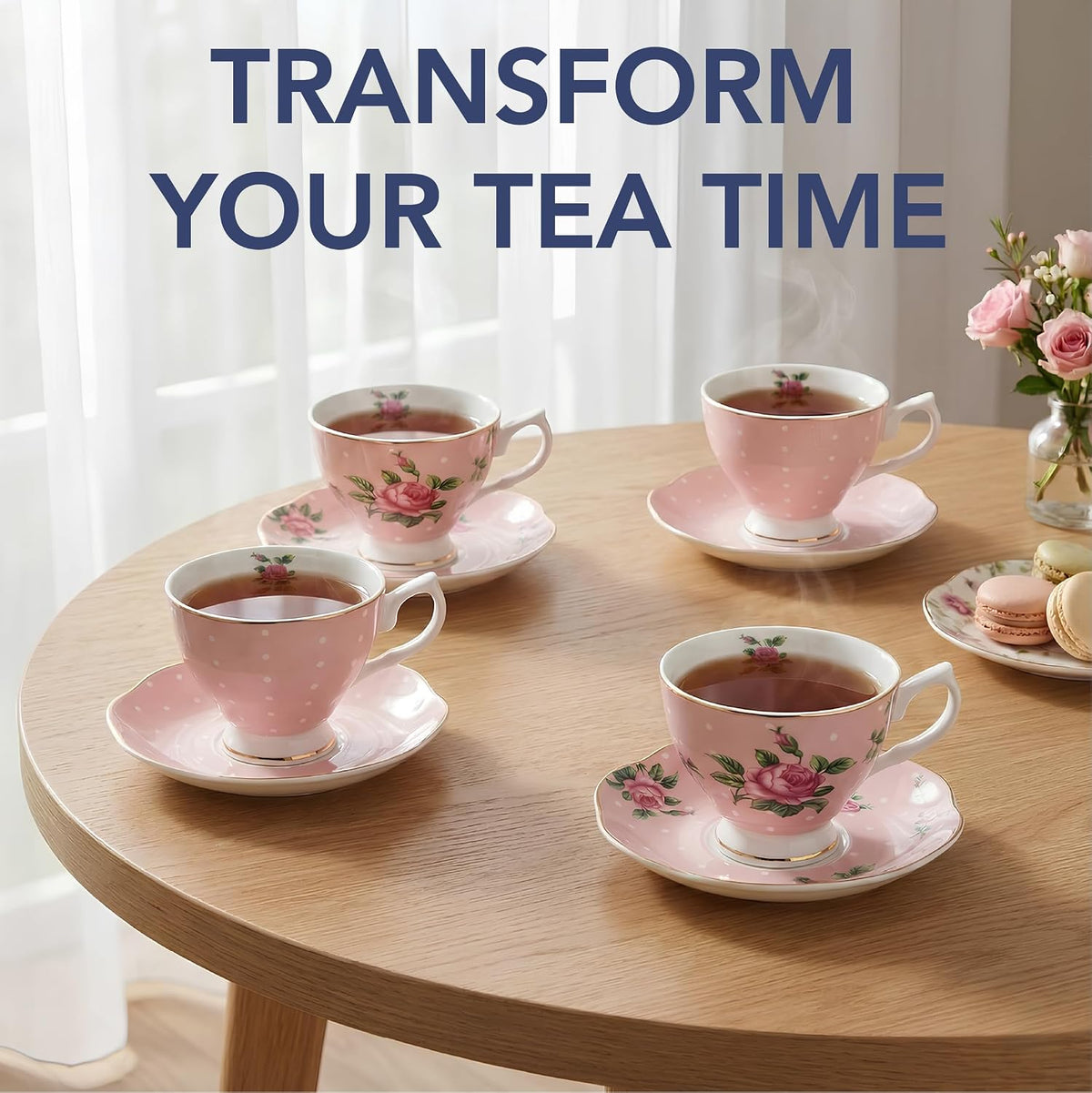 BTaT- Floral Tea Cups and Saucers, Set of 4, 8 oz, Fine Porcelain Teacup Set with Gold Trim for Afternoon Tea, Weddings, Parties & Gifting, Dishwasher Safe, Lightweight, Non-Toxic