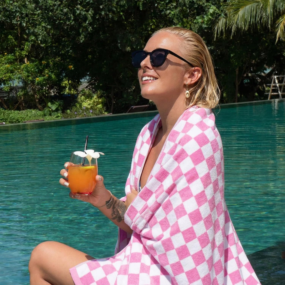 Pink Checkered Beach Towels Oversized 35" x 70" - Extra Large