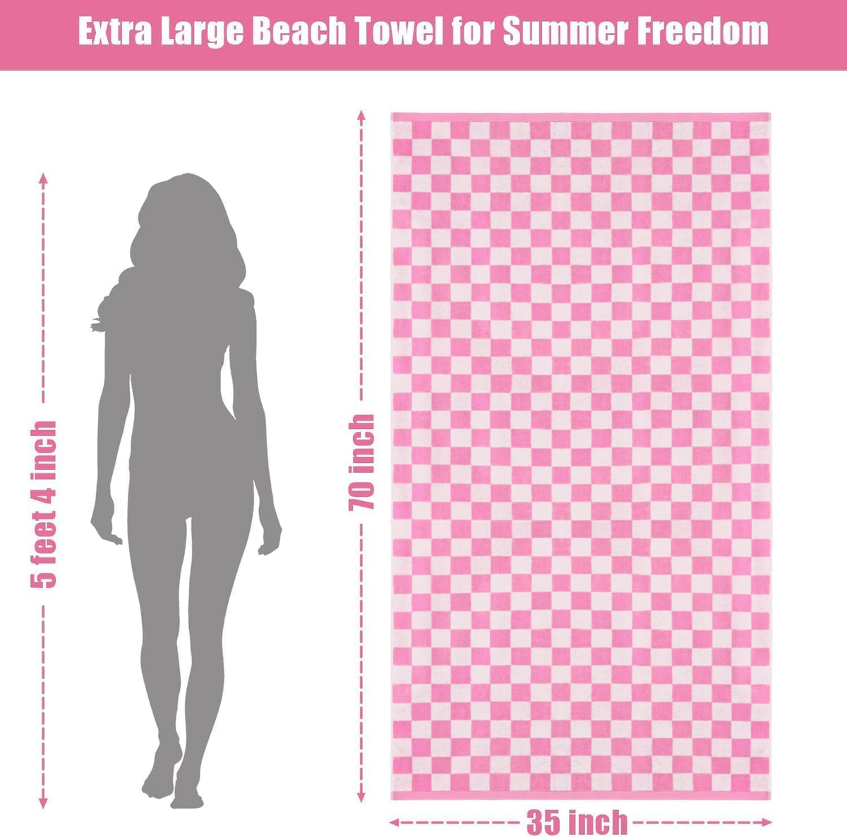 Pink Checkered Beach Towels Oversized 35" x 70" - Extra Large