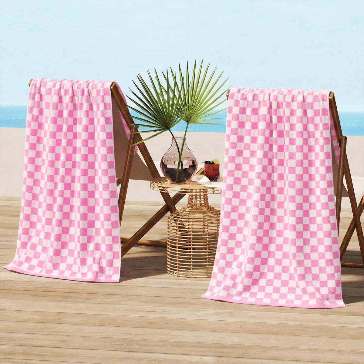 Pink Checkered Beach Towels Oversized 35" x 70" - Extra Large