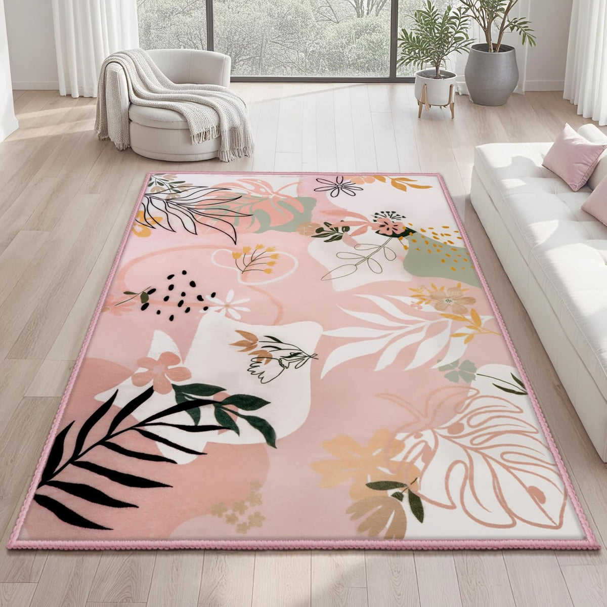 5x7 Area Rugs for Living Room Non-Slip Washable Rug with Rubber Backing Large Soft Art Floral Carpet for Bedroom Kids Nursery Dining Room (Pink)