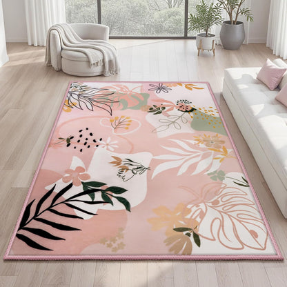 5x7 Area Rugs for Living Room Non-Slip Washable Rug with Rubber Backing Large Soft Art Floral Carpet for Bedroom Kids Nursery Dining Room (Pink)