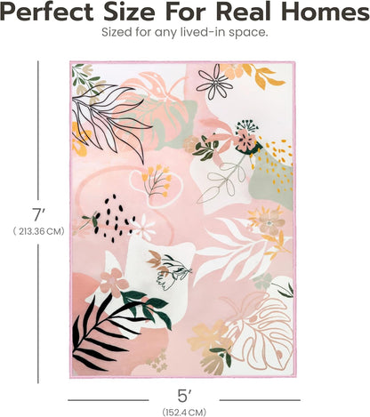 5x7 Area Rugs for Living Room Non-Slip Washable Rug with Rubber Backing Large Soft Art Floral Carpet for Bedroom Kids Nursery Dining Room (Pink)