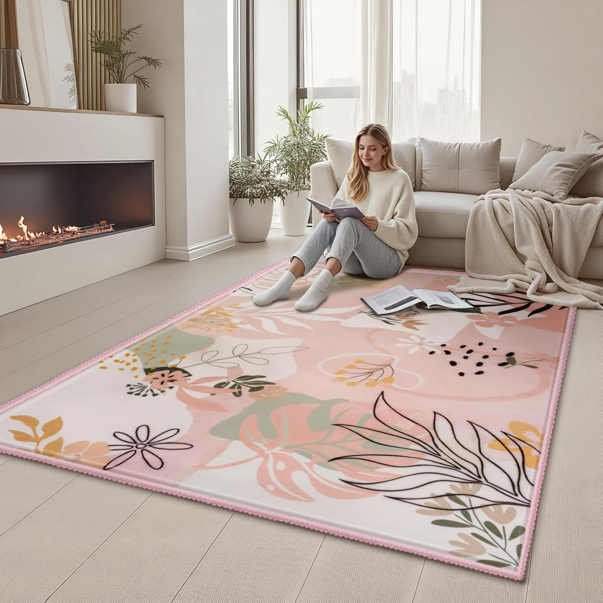 5x7 Area Rugs for Living Room Non-Slip Washable Rug with Rubber Backing Large Soft Art Floral Carpet for Bedroom Kids Nursery Dining Room (Pink)
