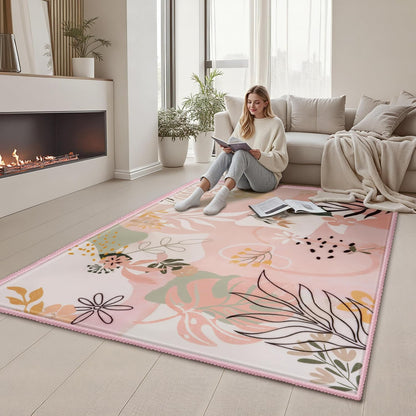 5x7 Area Rugs for Living Room Non-Slip Washable Rug with Rubber Backing Large Soft Art Floral Carpet for Bedroom Kids Nursery Dining Room (Pink)