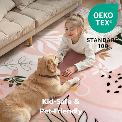 5x7 Area Rugs for Living Room Non-Slip Washable Rug with Rubber Backing Large Soft Art Floral Carpet for Bedroom Kids Nursery Dining Room (Pink)