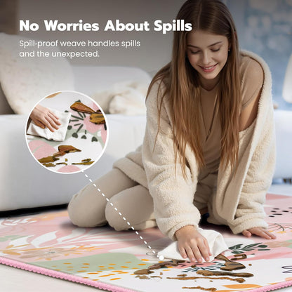 5x7 Area Rugs for Living Room Non-Slip Washable Rug with Rubber Backing Large Soft Art Floral Carpet for Bedroom Kids Nursery Dining Room (Pink)