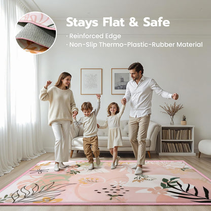 5x7 Area Rugs for Living Room Non-Slip Washable Rug with Rubber Backing Large Soft Art Floral Carpet for Bedroom Kids Nursery Dining Room (Pink)