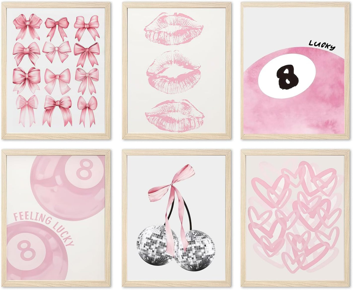 Cute Pink Girl Poster Set of 6, Light Pink Coquette Wall Art Trendy Lucky 8 Ball Wall Decor Paintings Pastel College Apartment Bedroom Living Room Dorm 8x10 inch Unframed