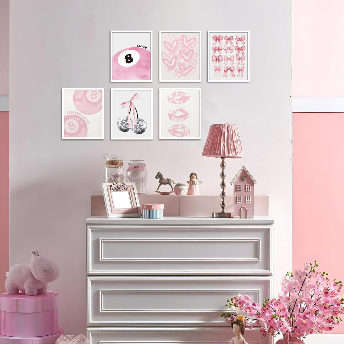 Cute Pink Girl Poster Set of 6, Light Pink Coquette Wall Art Trendy Lucky 8 Ball Wall Decor Paintings Pastel College Apartment Bedroom Living Room Dorm 8x10 inch Unframed