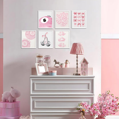 Cute Pink Girl Poster Set of 6, Light Pink Coquette Wall Art Trendy Lucky 8 Ball Wall Decor Paintings Pastel College Apartment Bedroom Living Room Dorm 8x10 inch Unframed