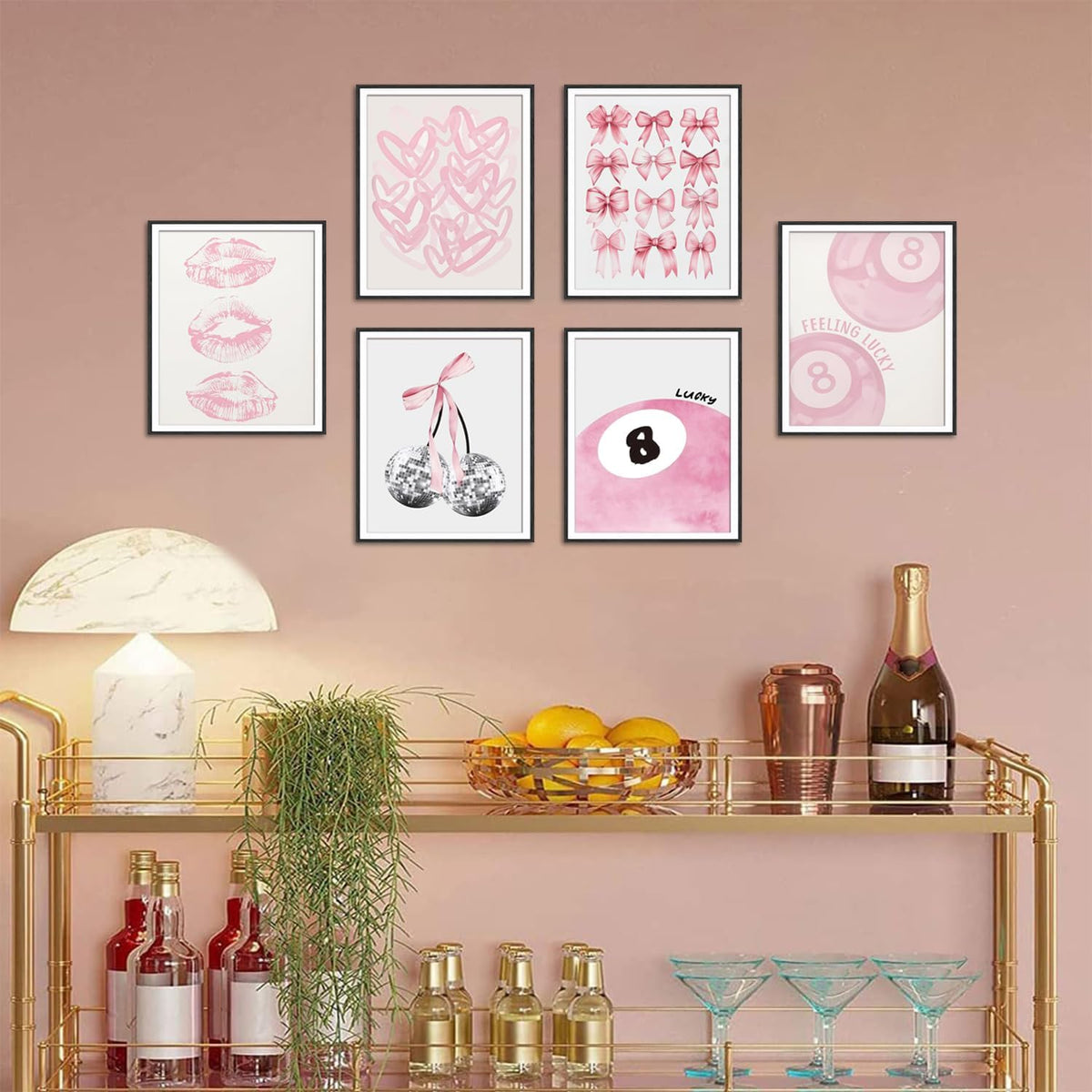 Cute Pink Girl Poster Set of 6, Light Pink Coquette Wall Art Trendy Lucky 8 Ball Wall Decor Paintings Pastel College Apartment Bedroom Living Room Dorm 8x10 inch Unframed