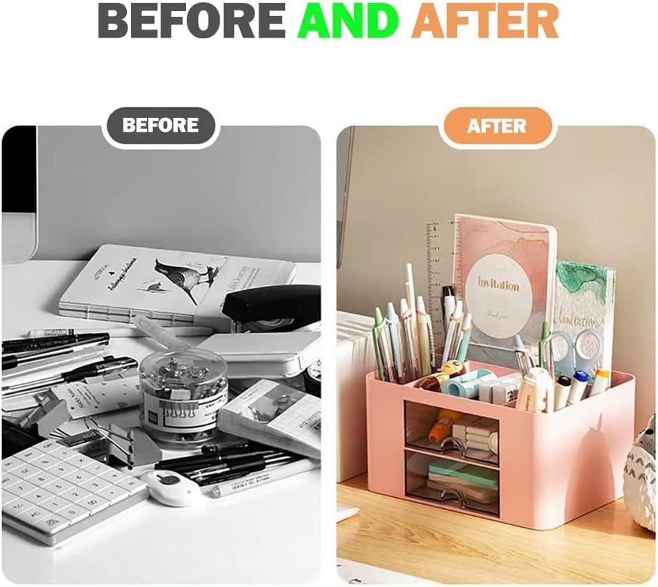 Stationary Organiser 7-Grid Desk Organizer with Drawer – Multifunctional Plastic Table Organizer & Pen Holder for School, Office, and Home (Pink)