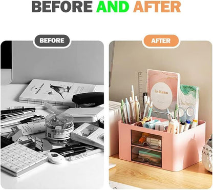 Stationary Organiser 7-Grid Desk Organizer with Drawer – Multifunctional Plastic Table Organizer & Pen Holder for School, Office, and Home (Pink)